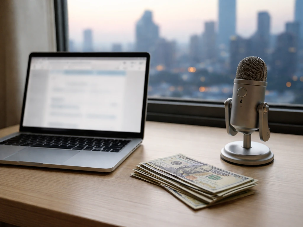 Minimal desk scene with an open laptop and money to symbolize differing online net-worth estimates