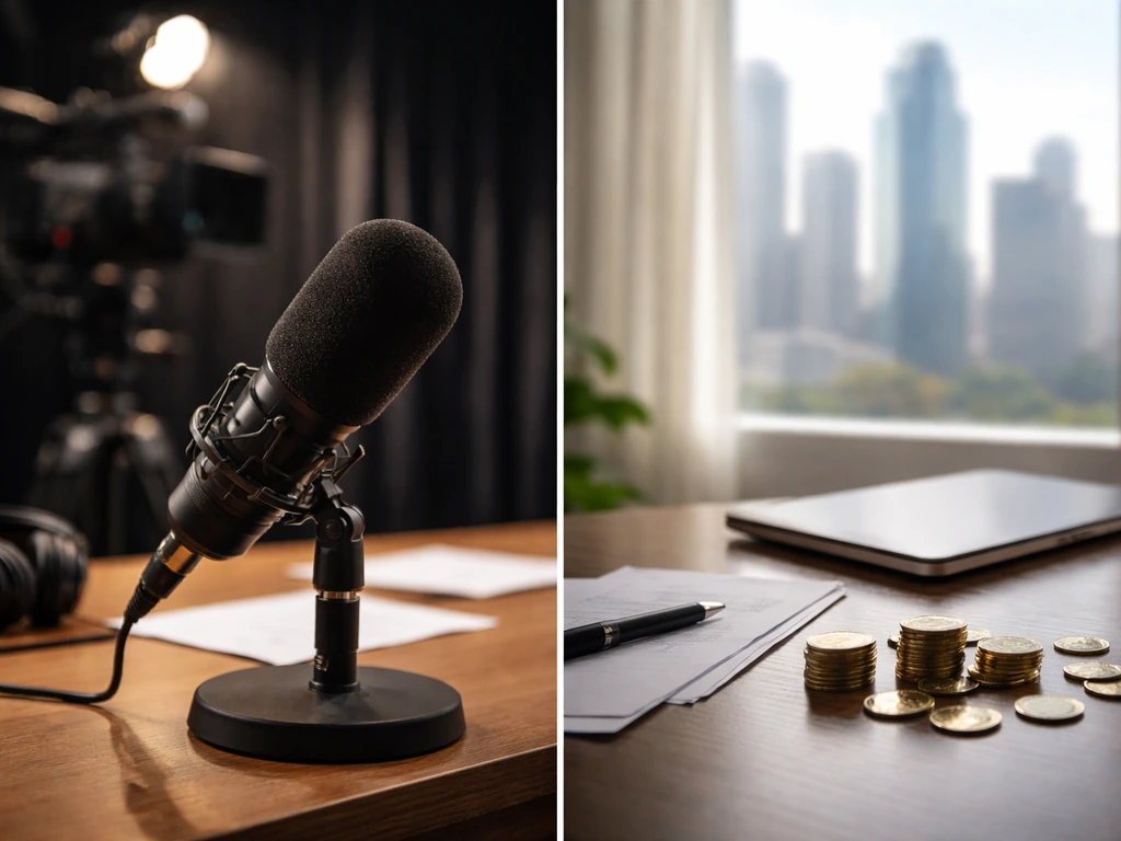Split-panel photo showing TV studio microphone on one side and an office desk with coins and city view on the other.