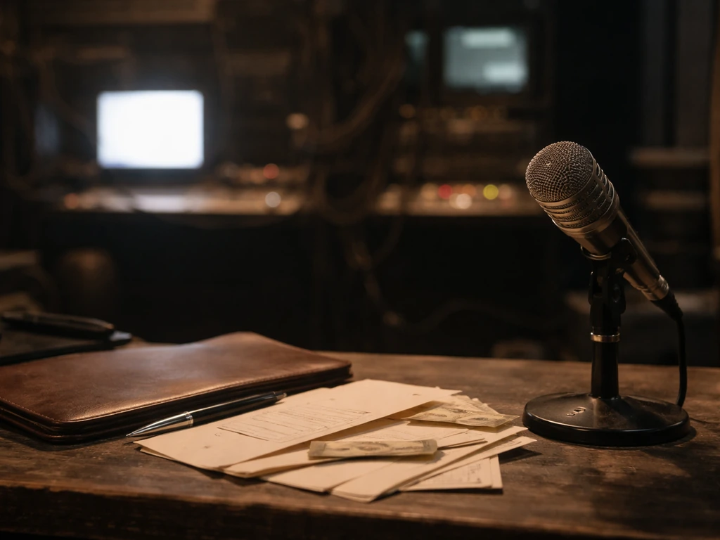 Vintage TV studio microphone and production desk suggesting income and prestige media work.