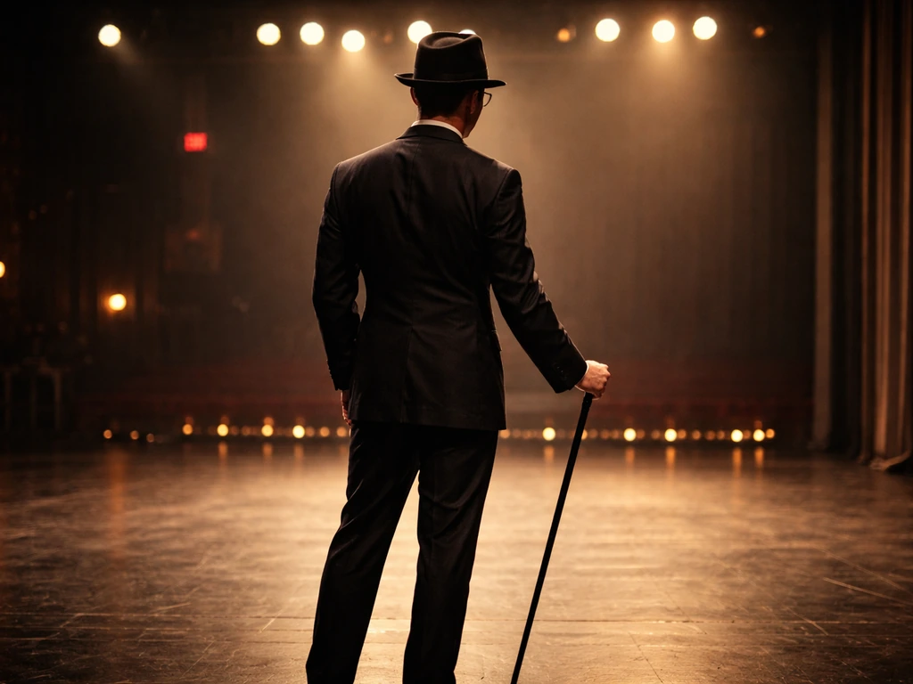An anonymous actor in vintage theater costume under warm stage lights, hinting at Broadway work