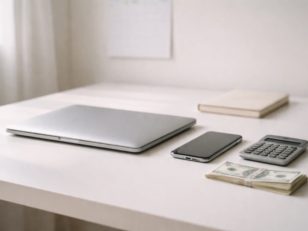 Minimal photo showing anonymous laptop and calculator beside cash, symbolizing wide-ranging net worth estimates