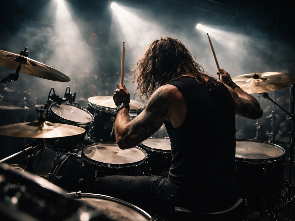 Metal drummer performing on stage with bright lights and a drum kit during a live concert