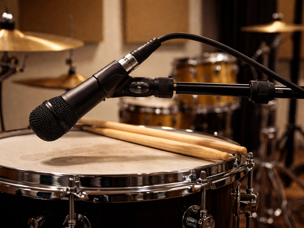 Close-up of a studio drum kit with an audio microphone on a stand, clean endorsement-style setup