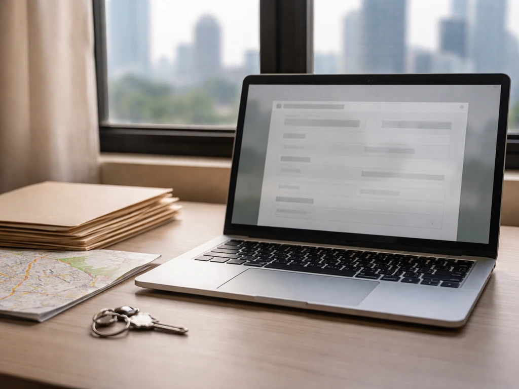 Laptop showing a generic property-records search page beside real estate maps and folders