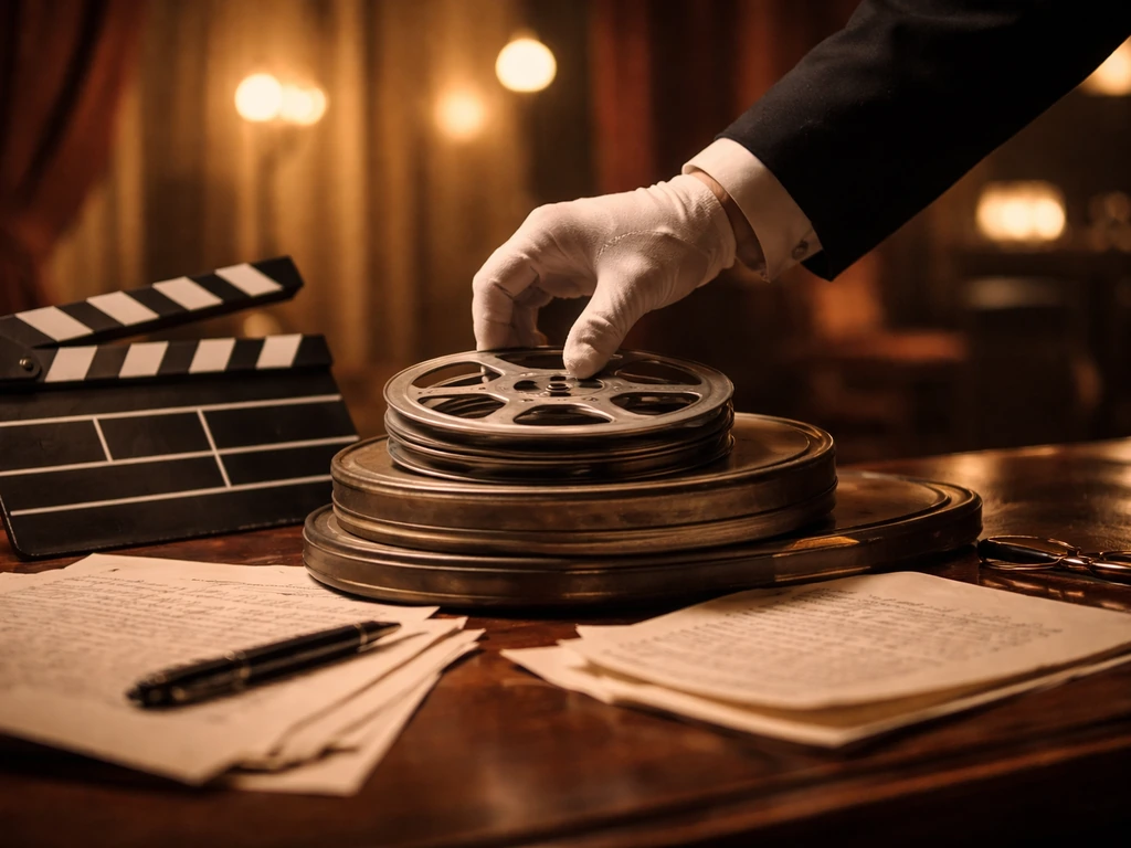 Warm MGM-era film office desk with a film reel and clapperboard, a gloved hand adjusting the reel.