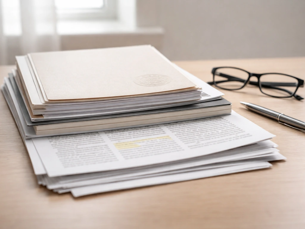 Minimal desk photo with layered documents suggesting primary sources on top and secondary sources below.