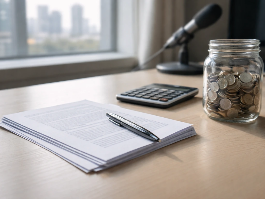 Minimal desk scene with coins, calculator, and pen over unreadable paperwork suggesting an evidence-based estimate range