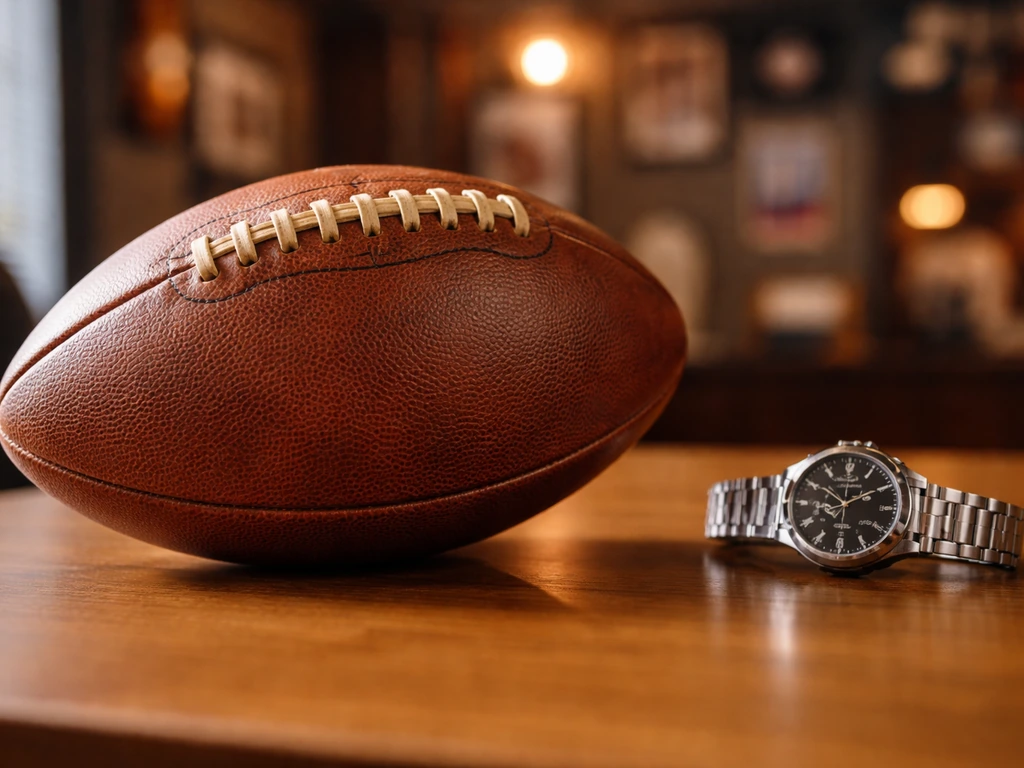 Minimal photo of a leather football and a polished watch on an office desk, suggesting NFL legacy and wealth analysis.