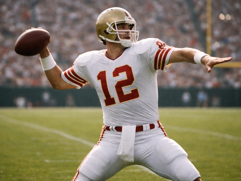 Anonymous vintage-era quarterback mid-throw on a sunny NFL field with a softly blurred stadium background