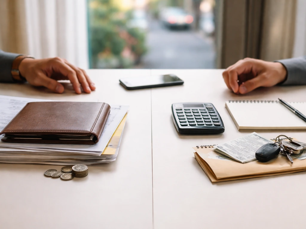 Minimal desk scene showing two calculation approaches with money and media items, no text.