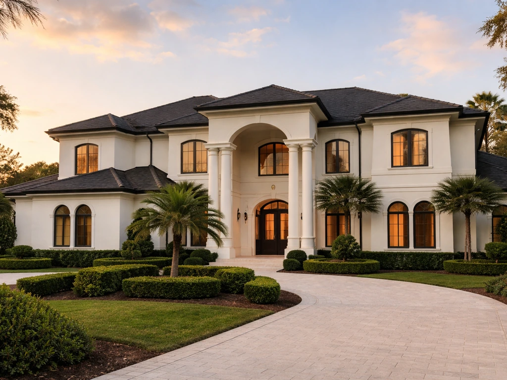 Luxury Odessa, Florida mansion exterior with manicured landscaping in natural golden light.