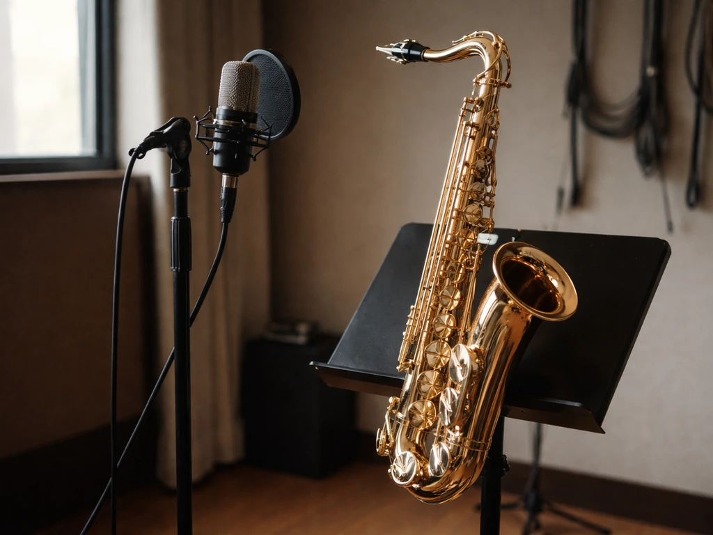 Close-up of a tenor sax on a music stand in a dim studio, symbolizing modern jazz performance and earnings