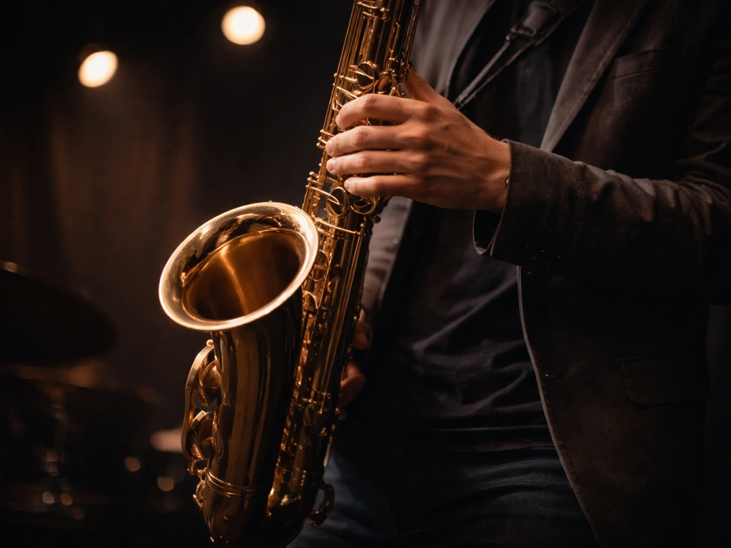 Anonymous contemporary jazz musician playing a tenor saxophone in a dim club-like setting.