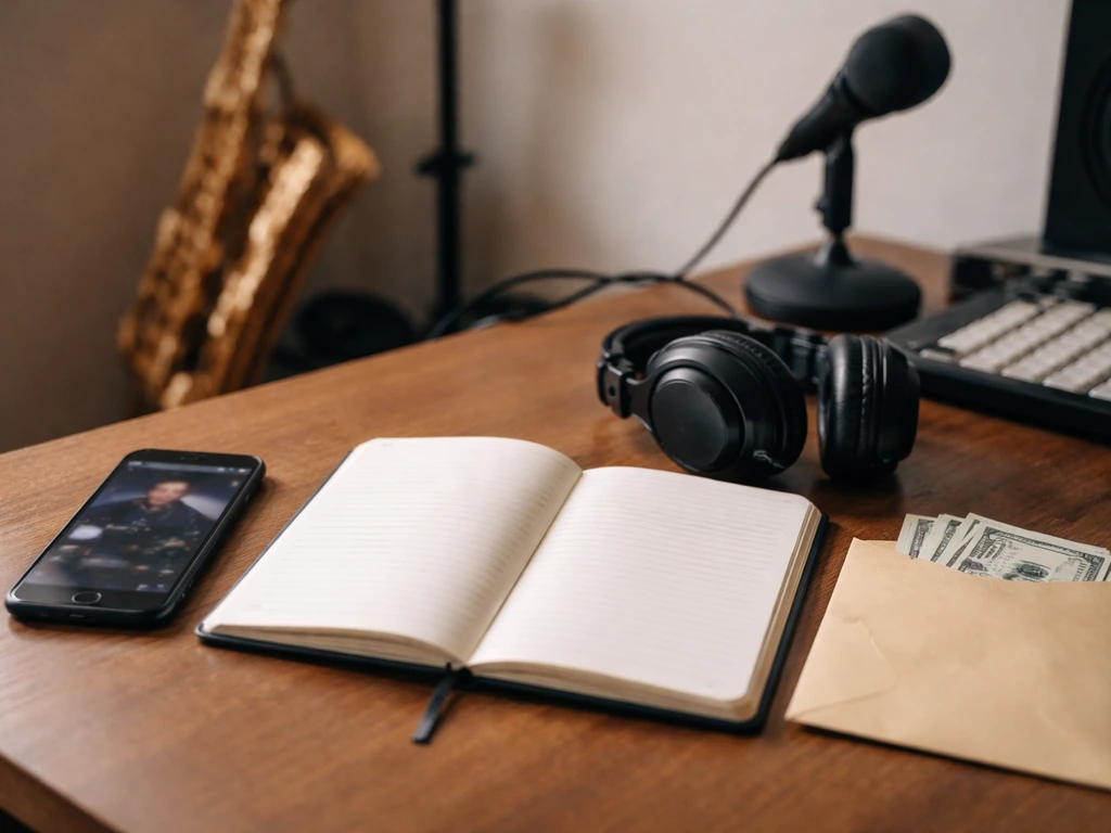 Minimal home studio desk scene with headphones, smartphone, cash, and an open blank notebook for income estimation.