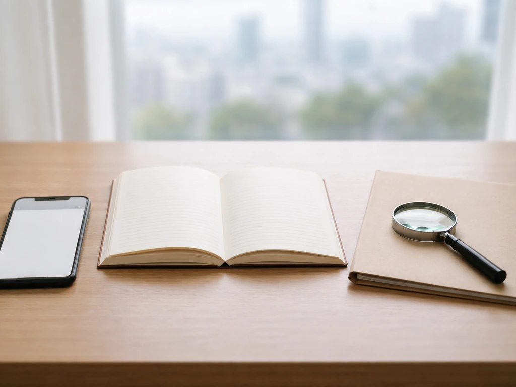 Minimal desk scene with magnifying glass and notebook beside a phone, symbolizing verifying sources and numbers.