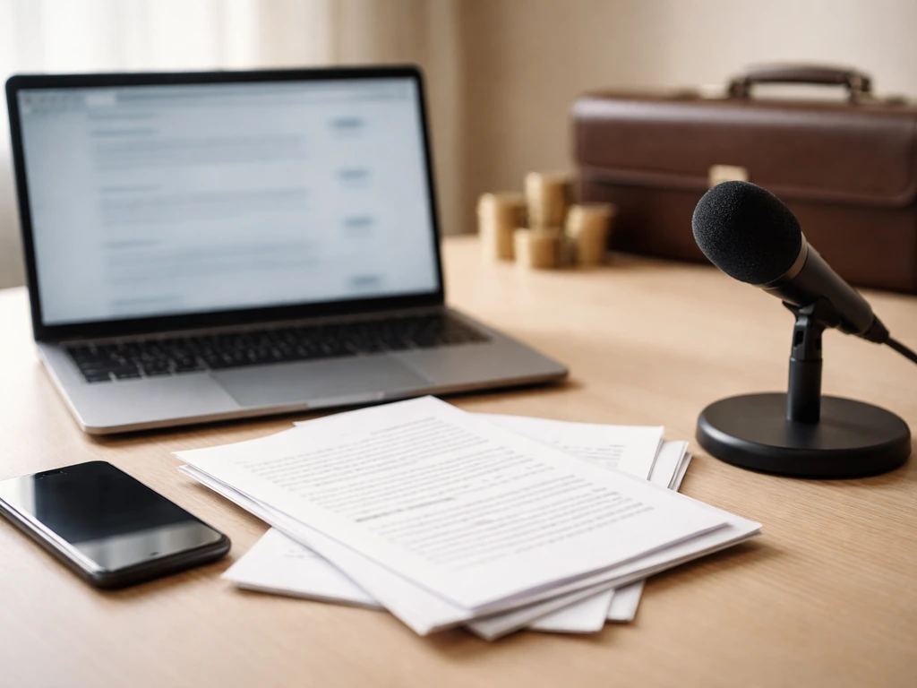 Minimal desk scene with laptop, unreadable phone, papers, and microphone symbolizing sourced net-worth figures.
