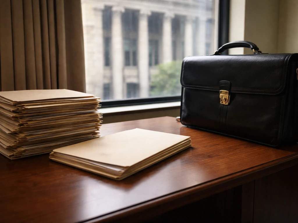 Quiet Los Angeles district attorney-style office with file folders and a courthouse view through window