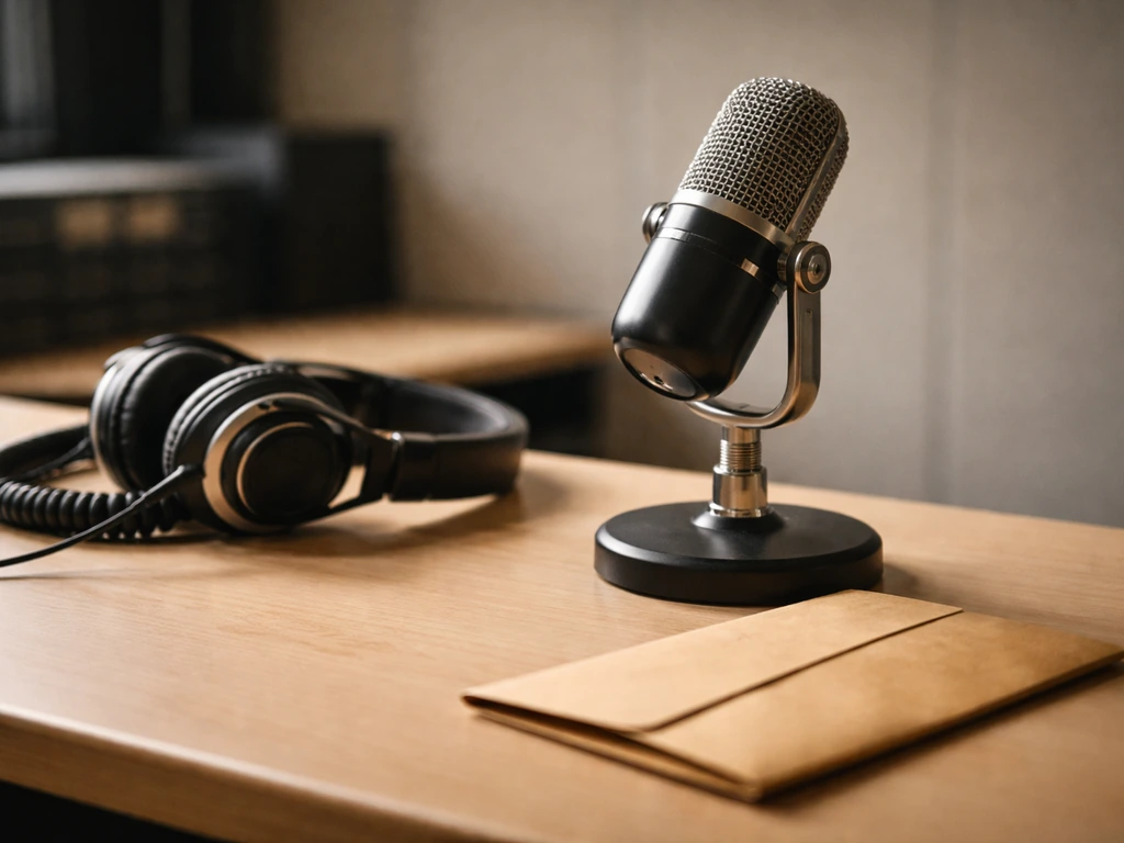 Minimal studio scene with a microphone and cash envelope to symbolize media wealth verification