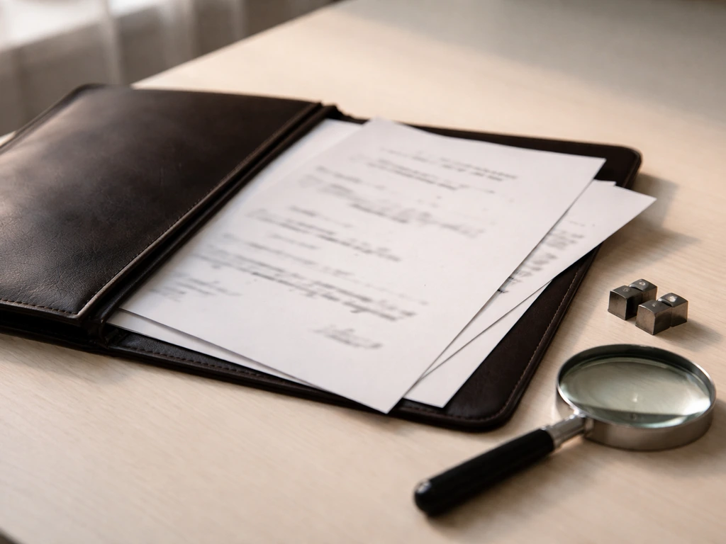 Open folder on a desk with blurred documents, stamps, and a magnifying glass for identity checking