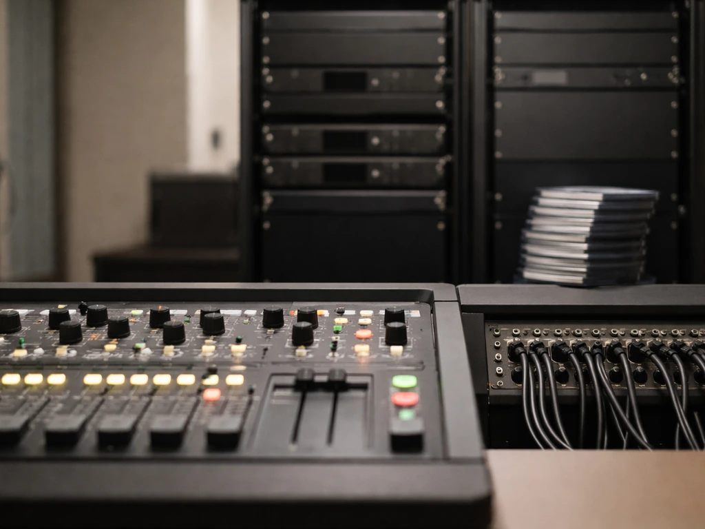 Minimal photo of a TV studio control panel with cables and media racks, suggesting syndication revenue