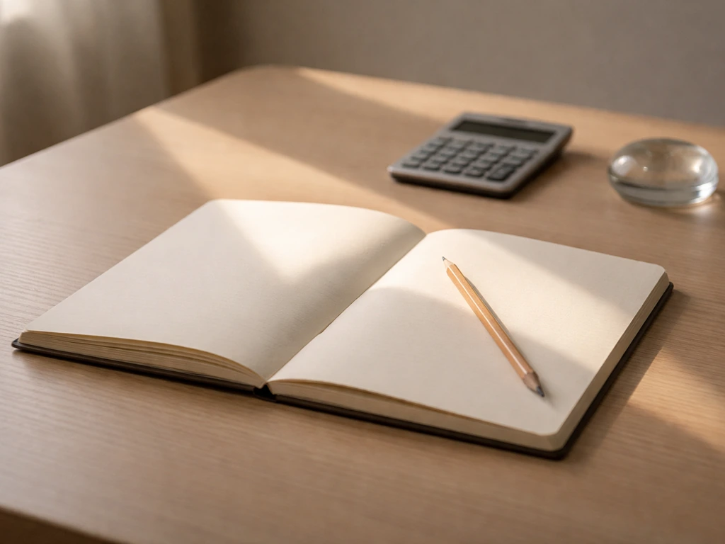 Minimal desk scene with a notebook and soft triangle-shaped light showing triangulated confidence range concept.