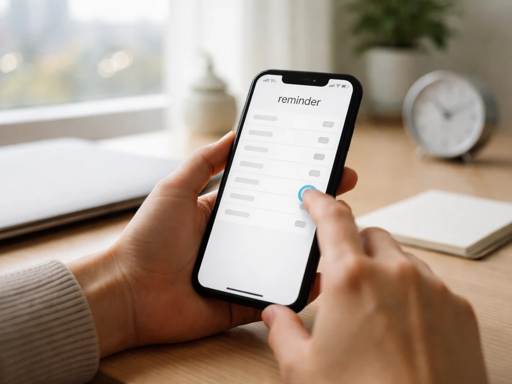 Hand adjusting a smartphone alert settings screen beside a laptop showing a calendar-style reminder schedule.