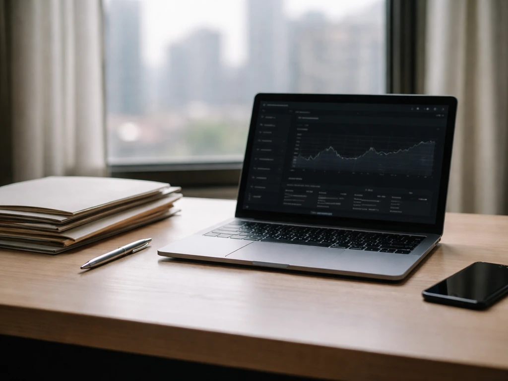 Minimal venture fund desk with laptop, investment papers, pen, and out-of-focus city light