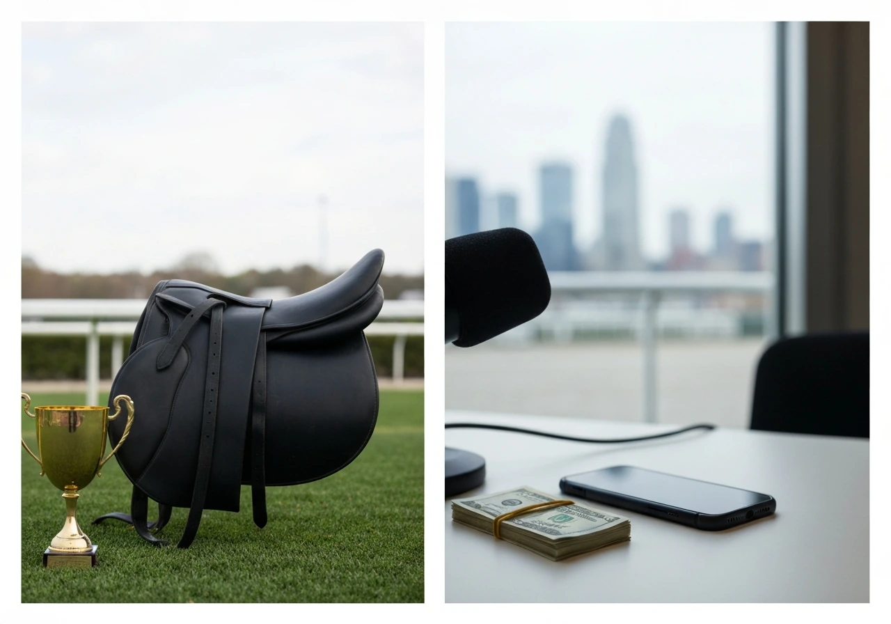 Minimal split scene: horse racing trophy vibe beside a businessman-style desk with microphone and money symbols