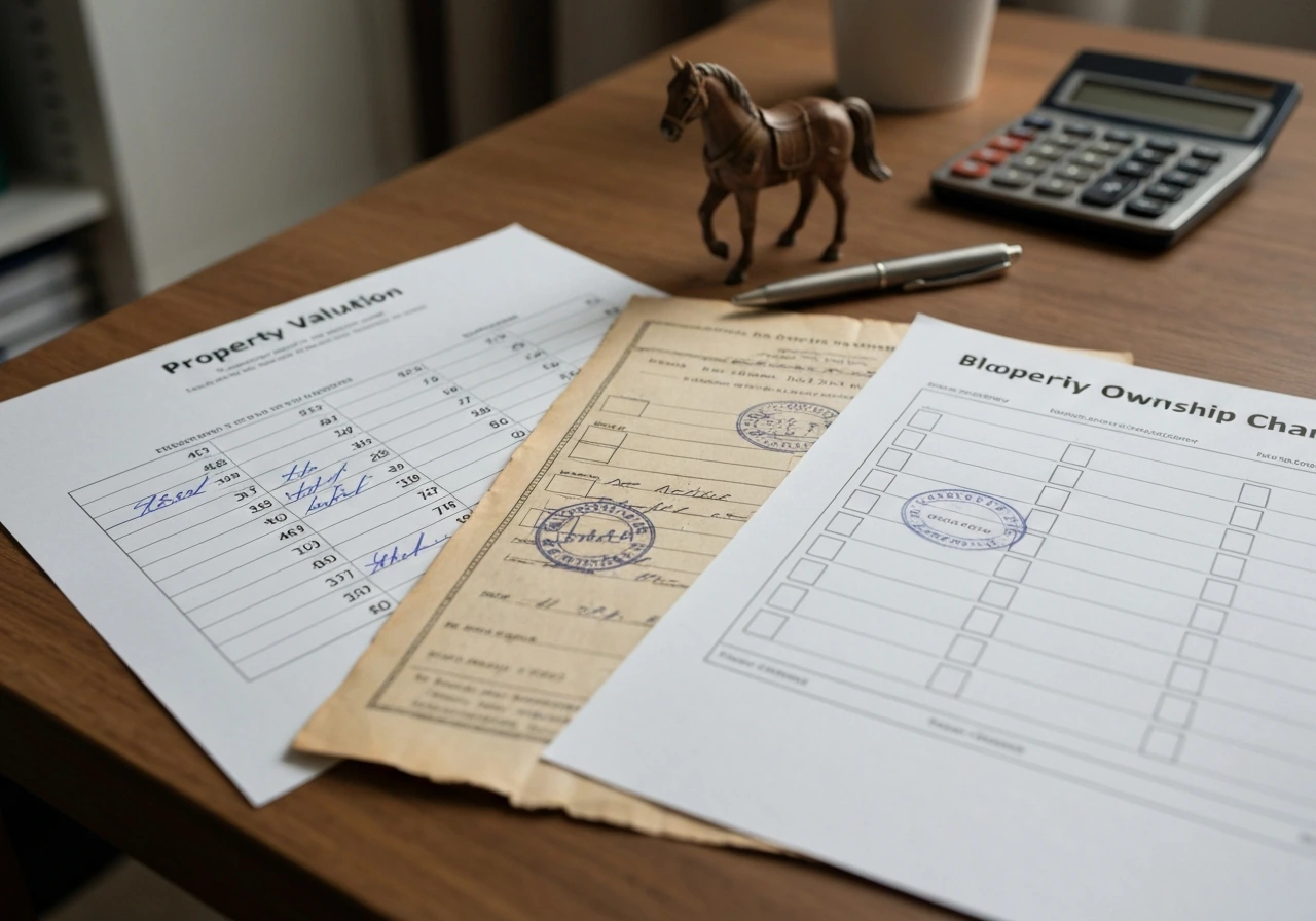 Close-up of documents and notes on a desk showing property and auction details, with a small horse figurine