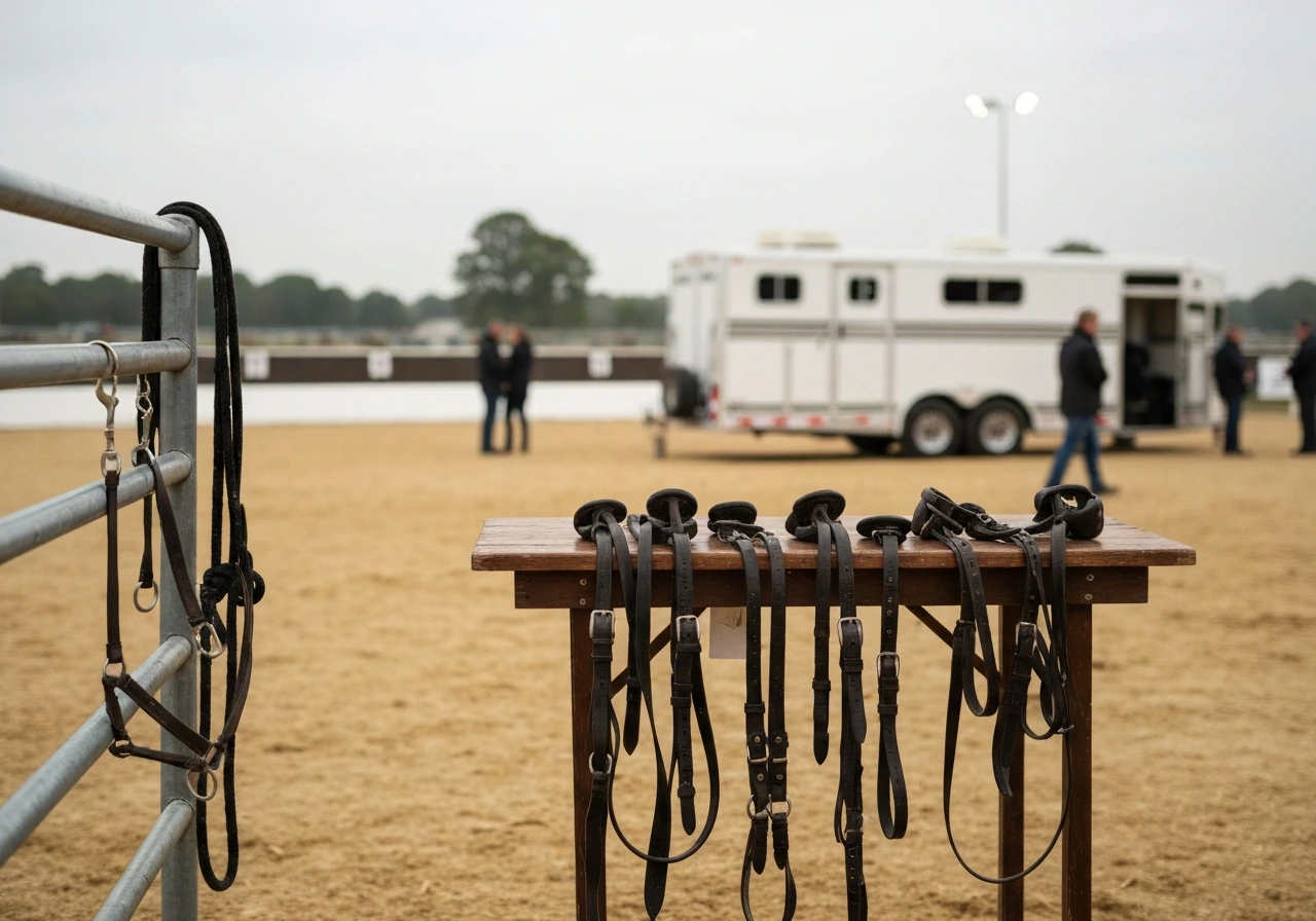 Yearling sale paddock scene with tack and a horse trailer under bright lights, evoking high-stakes buying