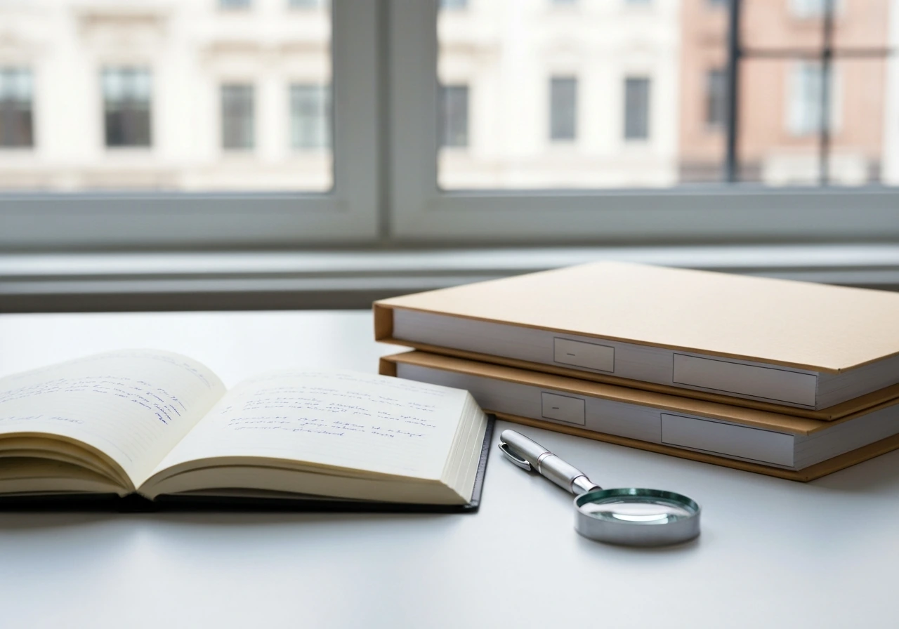 Minimal desk scene with folders, open notebook, pen, and a magnifying glass suggesting evidence comparison.