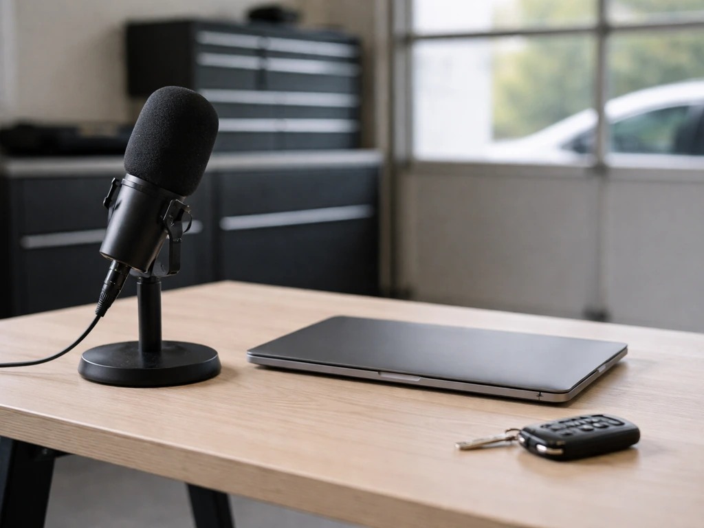Minimal photo of a modern automotive media desk setup with a microphone and laptop, symbolizing an industry executive pr