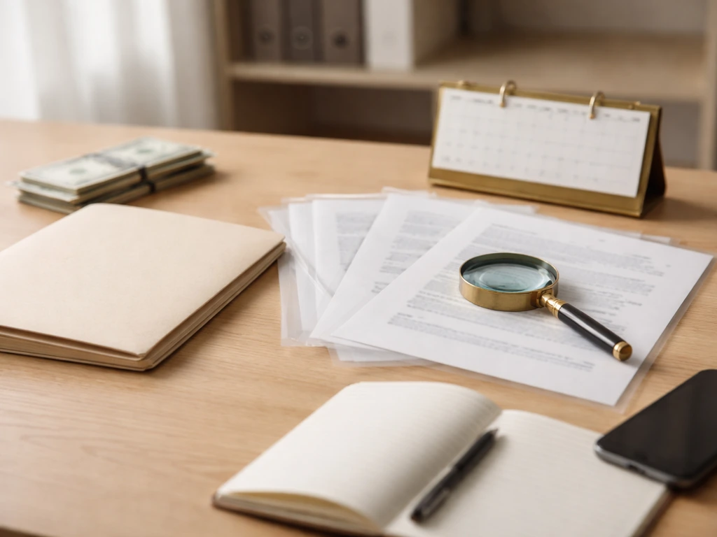Minimal desk with documents, magnifying glass, phone, and blank notebook implying public-record net-worth estimation.