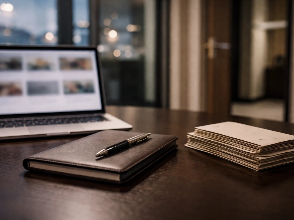 Minimal office desk with laptop and generic envelopes, symbolizing compensation and wealth flow.