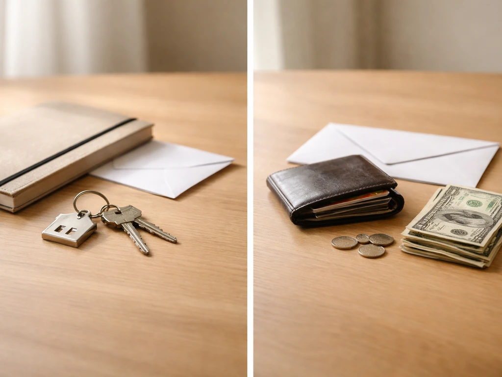 Minimal split scene with a house key and paperwork beside a dark wallet and bank envelope, symbolizing assets vs liabili