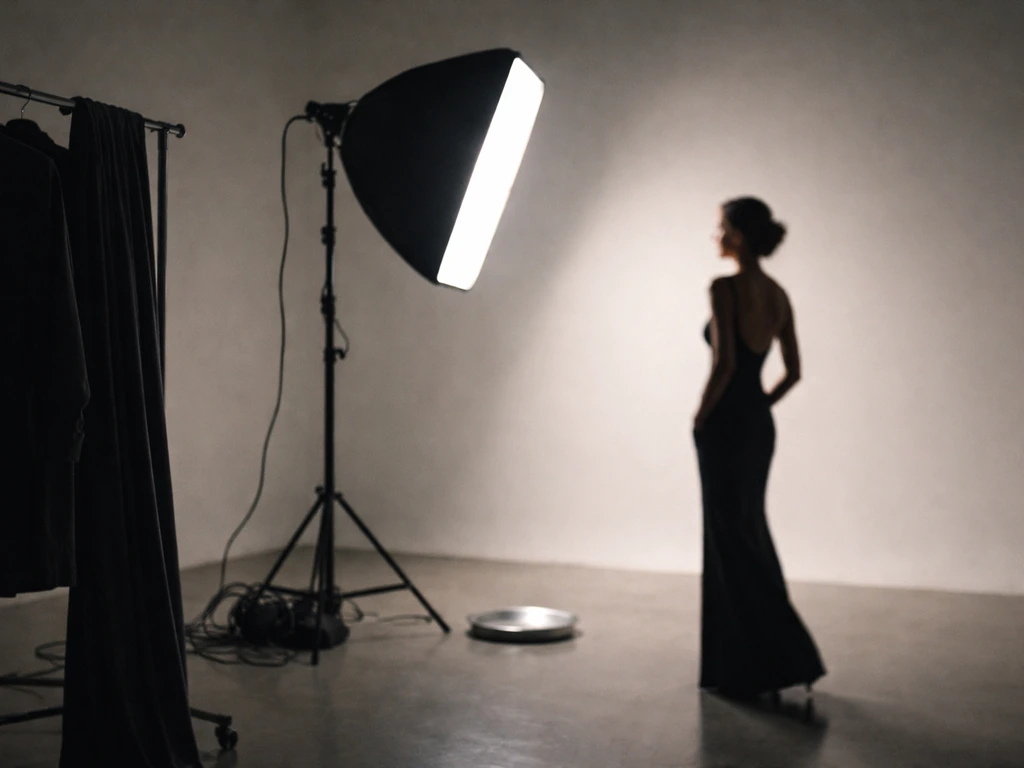 Fashion editorial photoshoot setup with a professional lighting rig and model silhouette on a studio set
