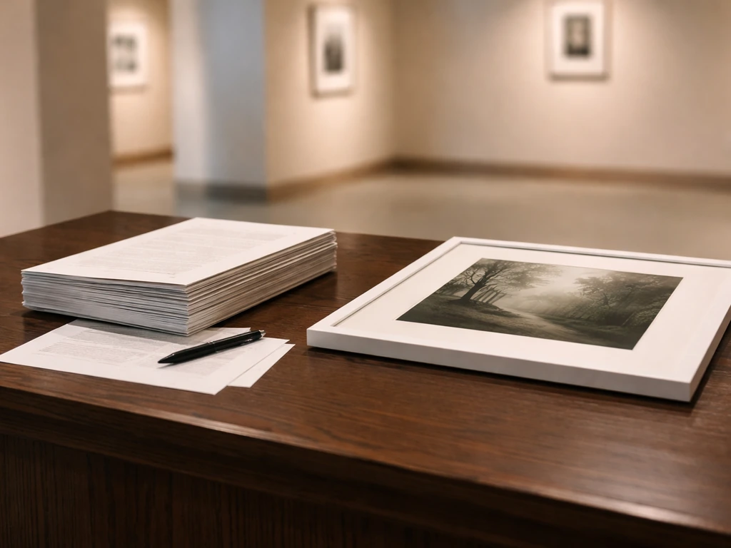 Close-up of an auction catalog and a framed photo print on a dark wood table, warm gallery lighting.