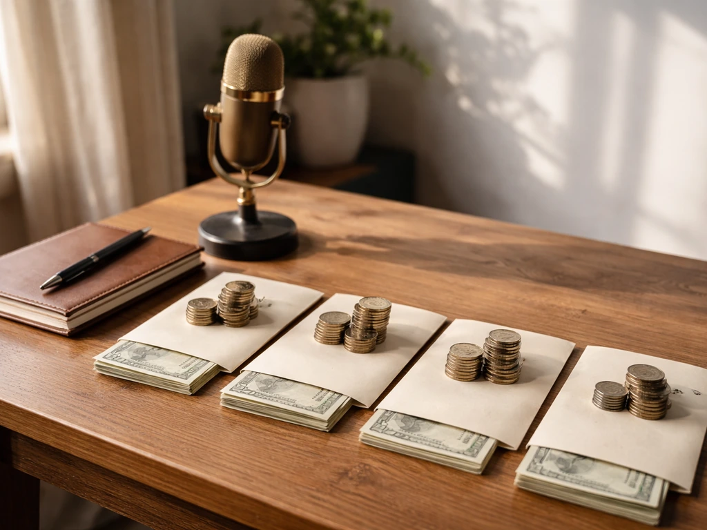 Minimal desk scene with microphone and stacked envelopes/coins symbolizing a net worth breakdown.