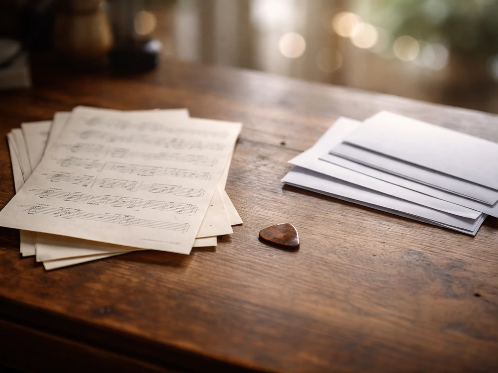 Minimal desk scene with guitar pick and handwritten music notes beside money papers, symbolizing music royalties