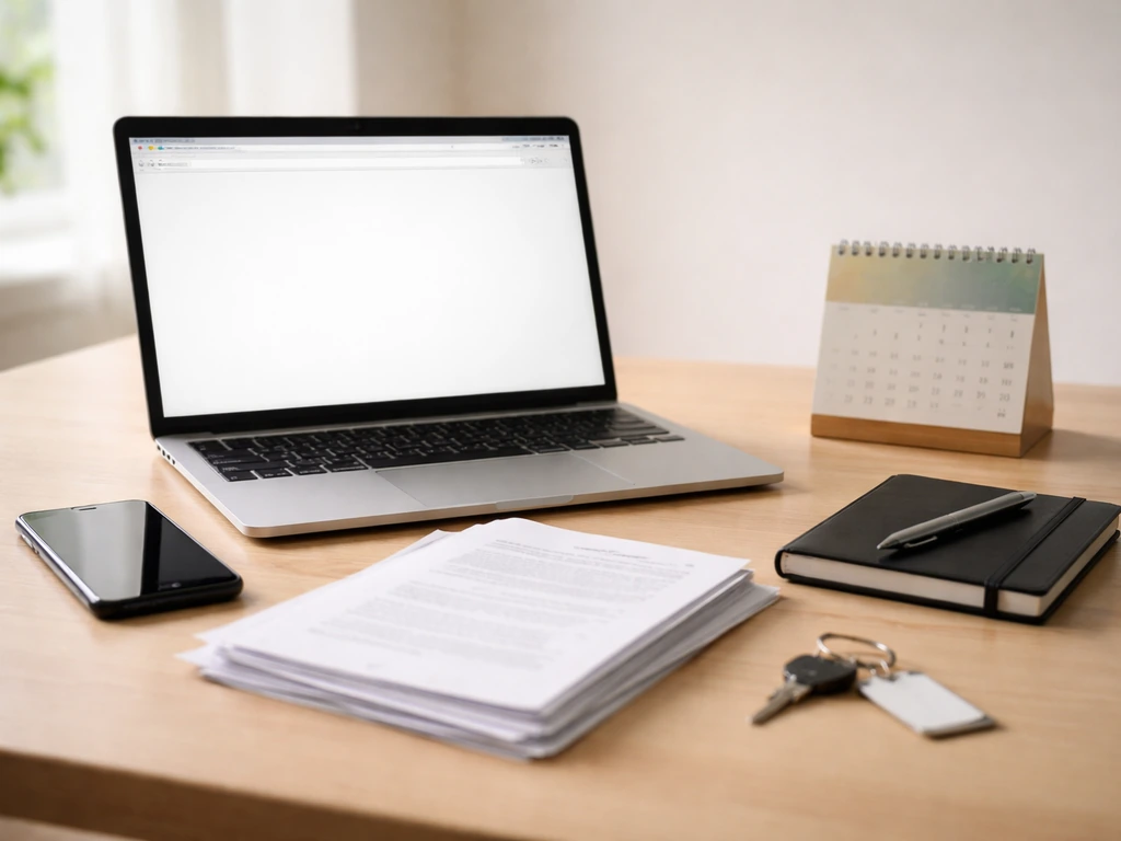 Minimal desk with laptop, smartphone, notebook, and pages arranged to suggest tracking and verifying information.