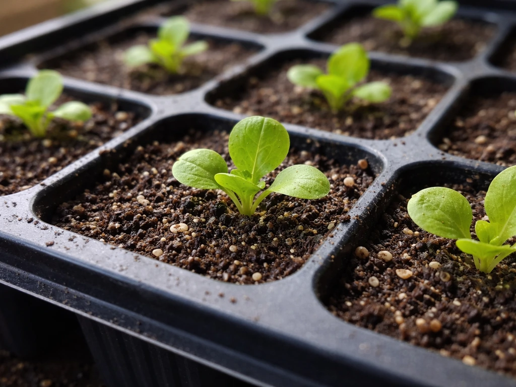 Butterhead lettuce seedlings with tiny true leaves growing in a seed tray under natural light.
