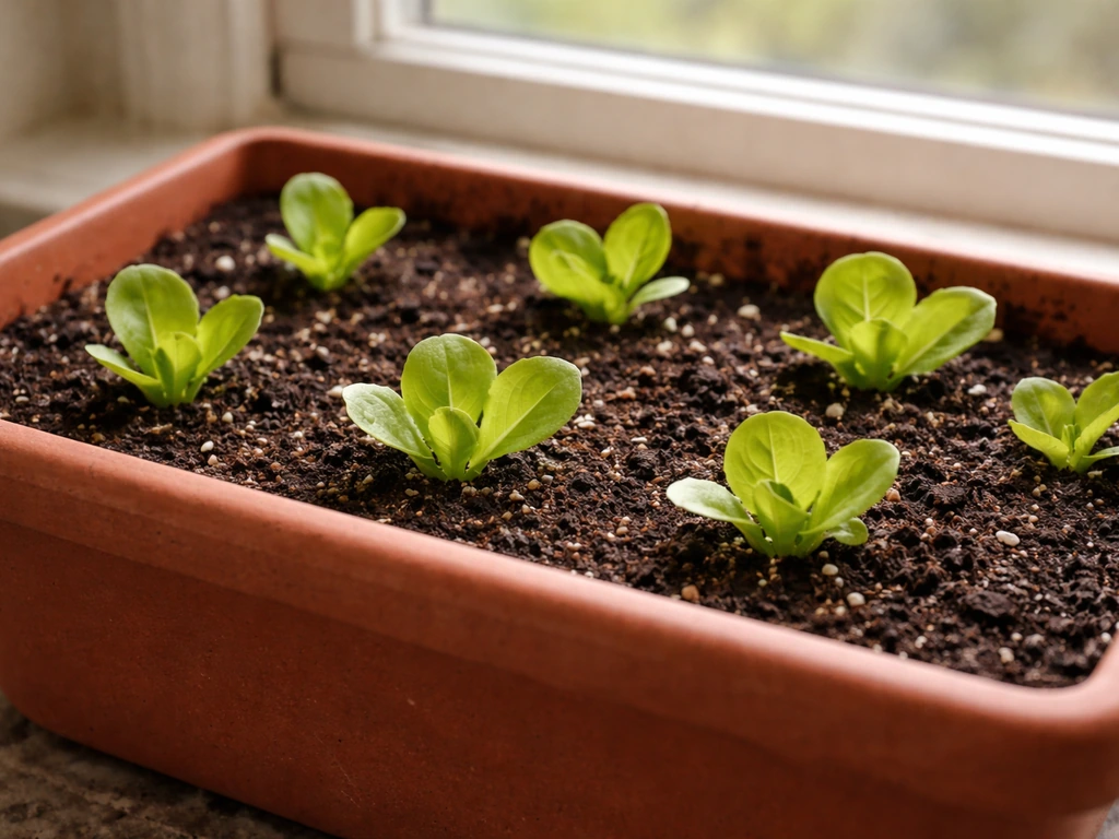 Deep indoor pot with butterhead seedlings spaced in fresh soil at the surface