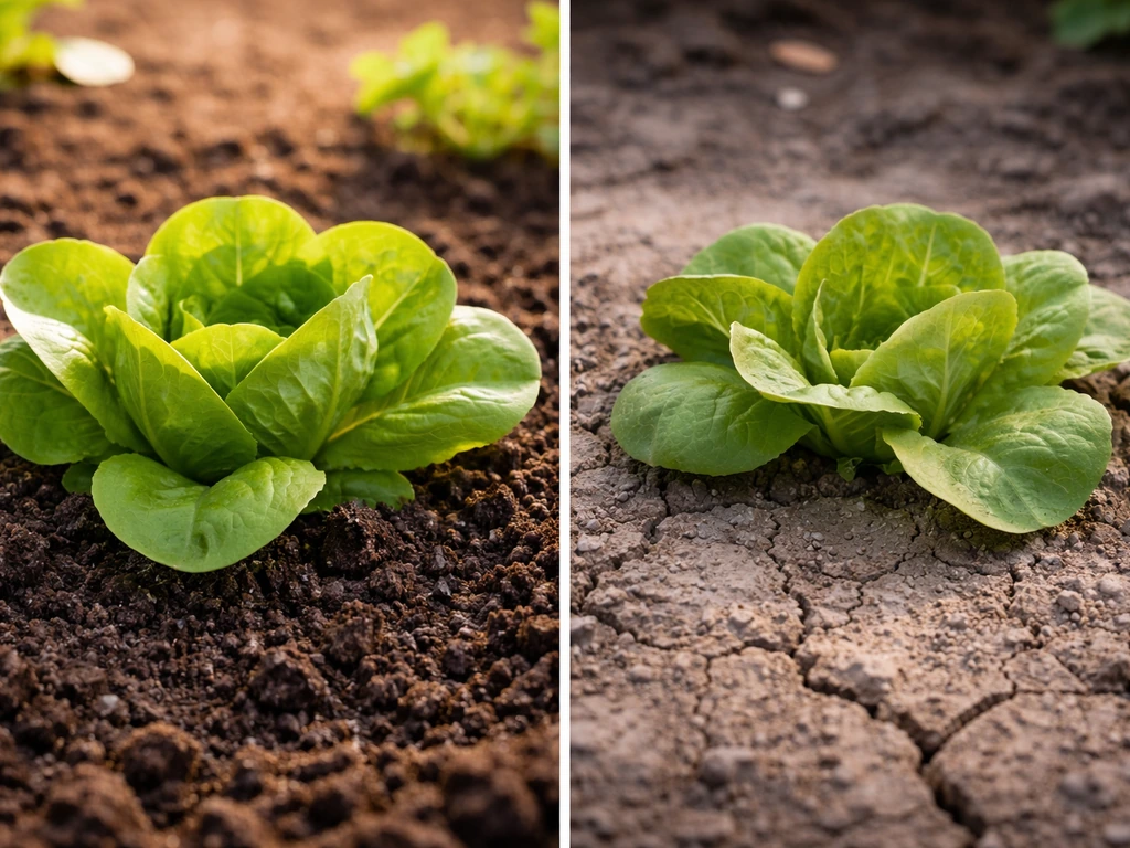 Left lettuce shows evenly moist soil and strong light; right lettuce droops with dry soil and low light.
