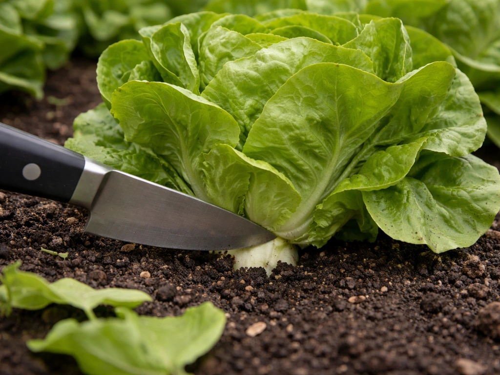 Knife cutting a butterhead lettuce stem just above soil, with the whole head and cupped leaves visible.