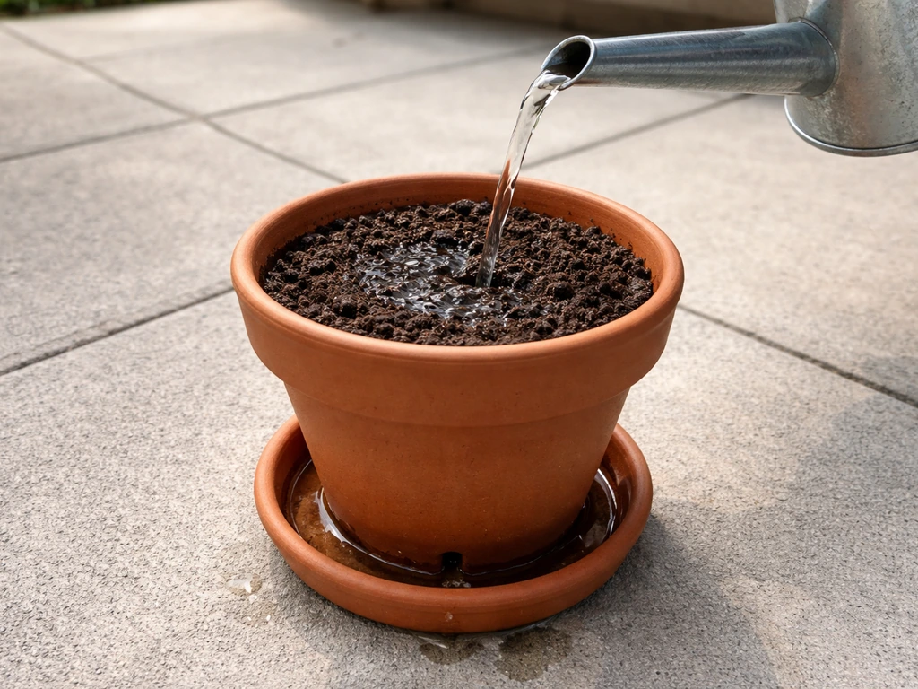 Slowly watering a terracotta container plant until water drains from the bottom.