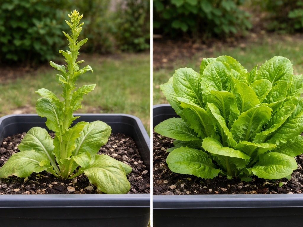 Two-panel photo: bolting lettuce with tall central stalk vs fresh leafy regrowth in a container.