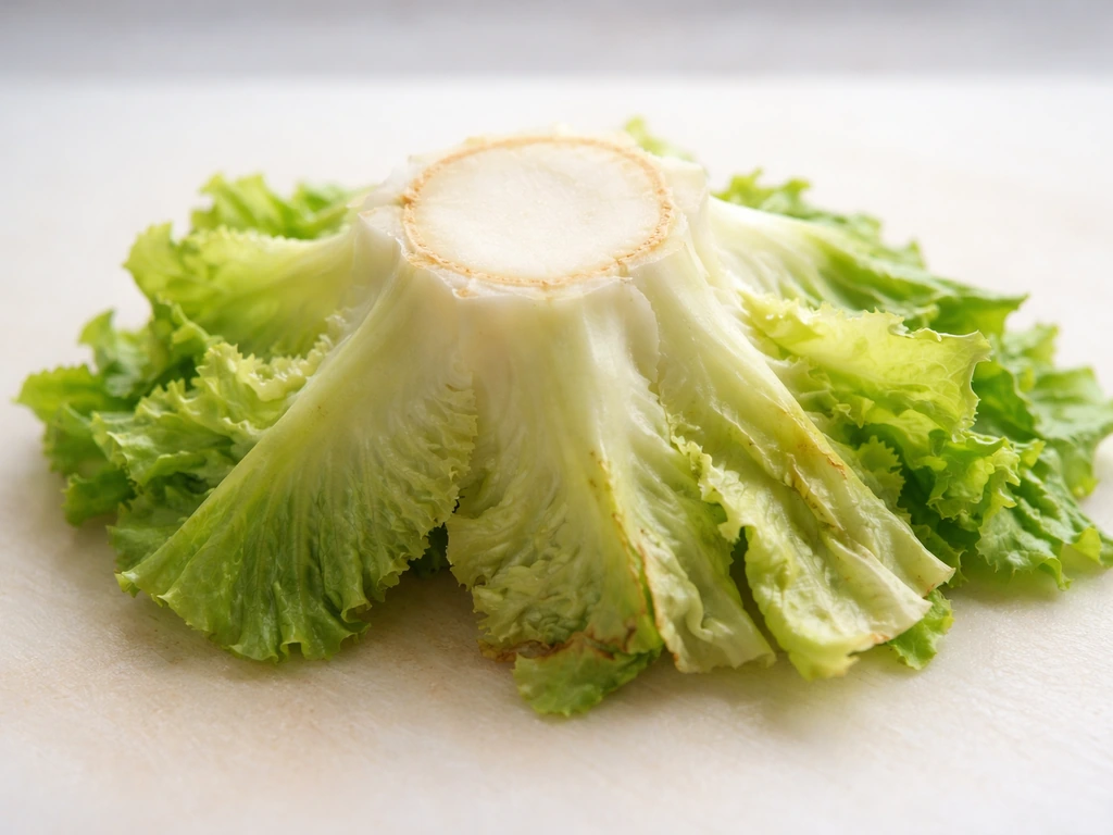 Close-up of a romaine lettuce core/crown showing thicker usable tissue and thinner parts to discard.