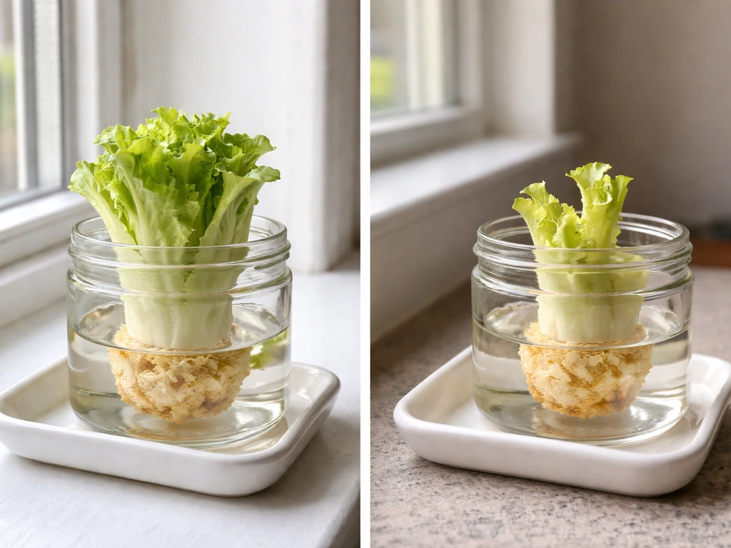 Two lettuce-core jars side by side—left in bright light with greener new growth, right farther from light with minimal g