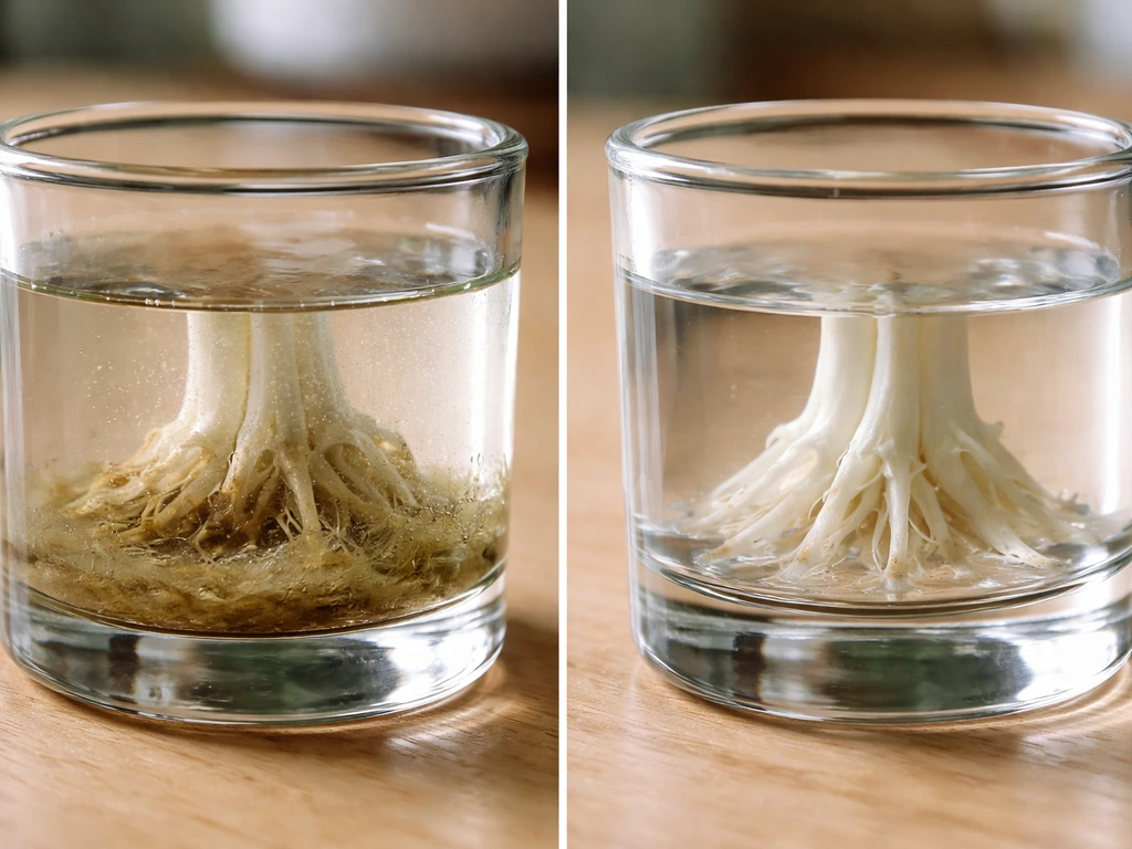 Side-by-side containers showing a slimy, rotting base with high cloudy water vs a clean base with correct shallow water.