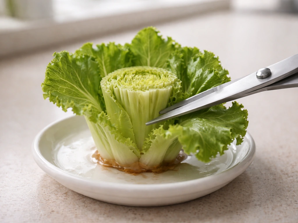 Close-up of regrown lettuce being trimmed from the outside with clean scissors, crown left intact.